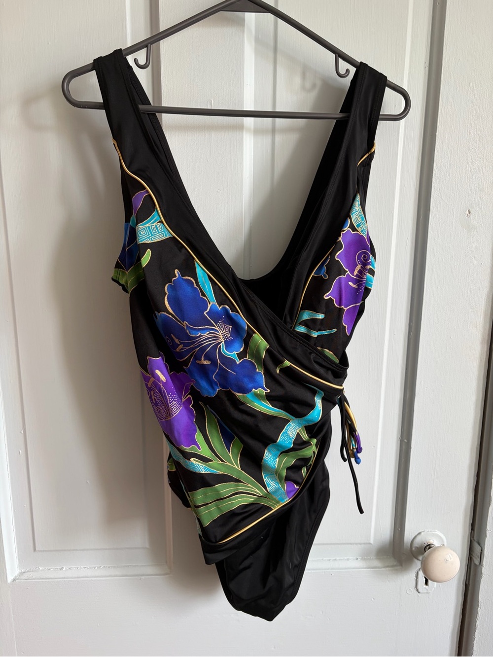 Longitude Black Floral Wrap-Style One-Piece Swimsuit with Purple & Blue Blooms